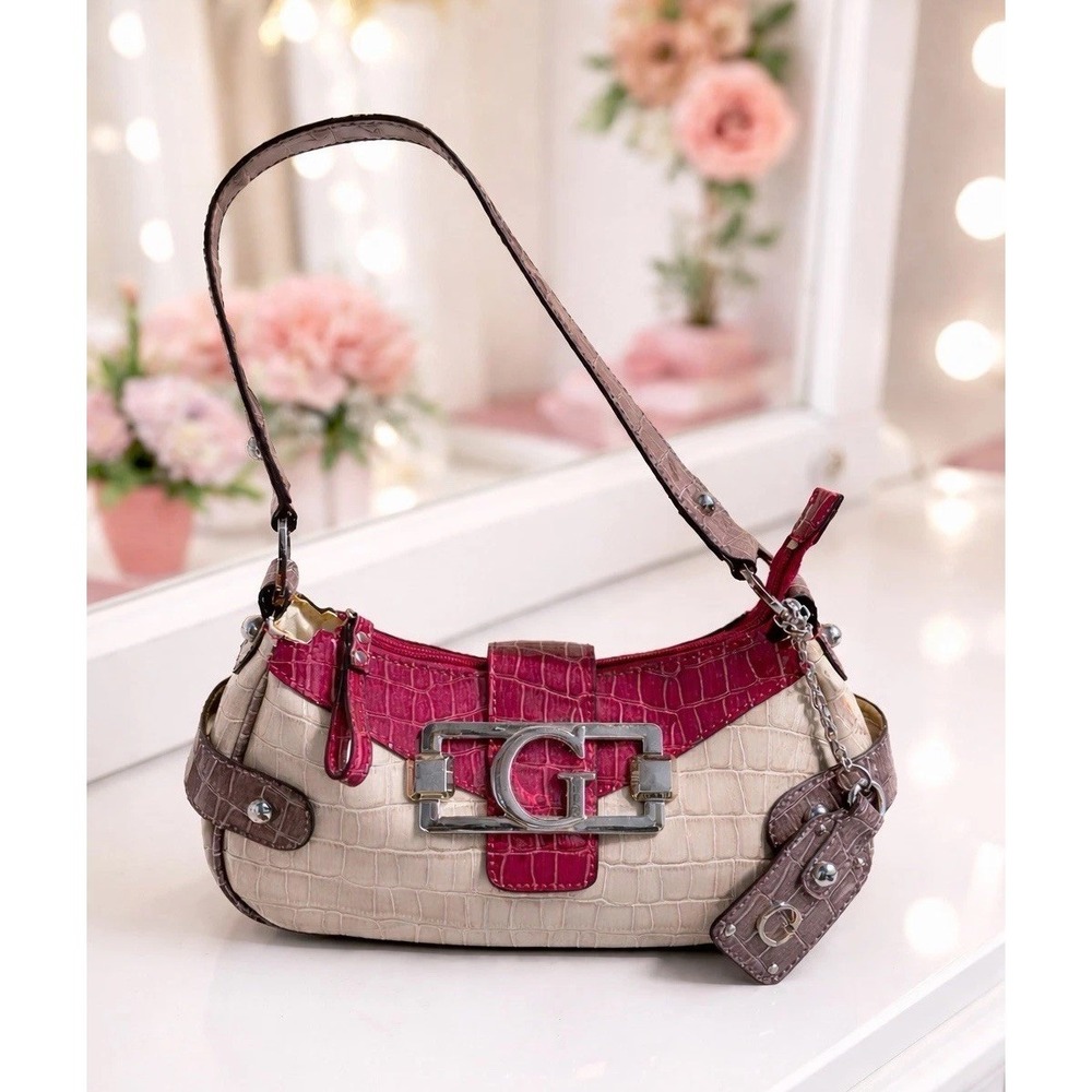 Vintage Y2K GUESS Hot Pink & Cream Croc Shoulder Bag Hobo Purse 2000's